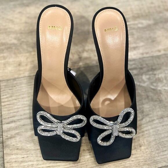 RARE MANGO Bow Rhinestone Heels NWT | Black Square Toe | Sz 7.5 & 9 - Picture 6 of 12